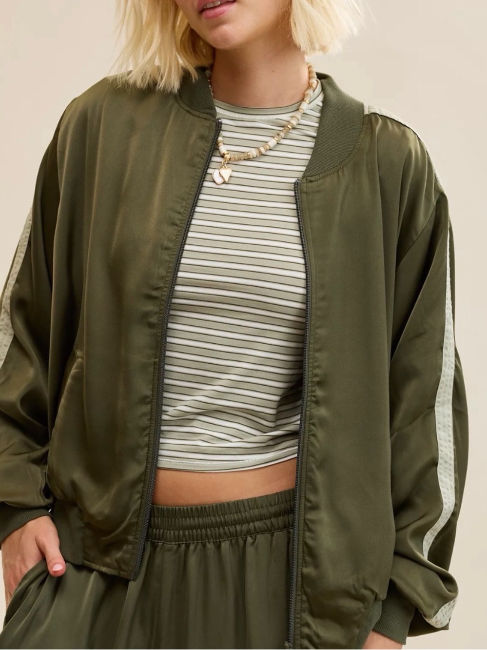 aerie Olive Satin Bomber with Side Stripe
